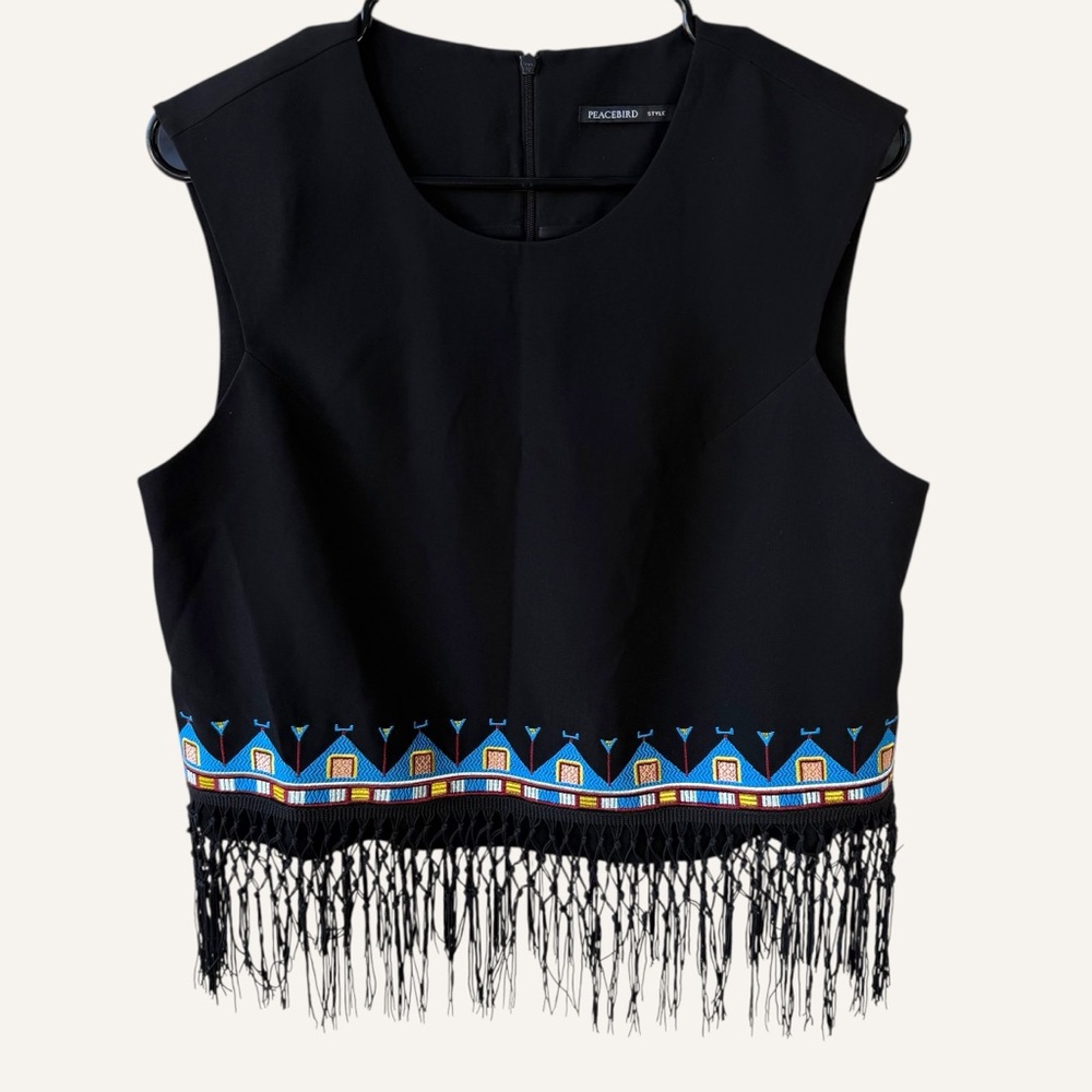 Peachbird Boho Embroidered Black Sleeveless Crop Top with Fringe Hem‎ Size XL